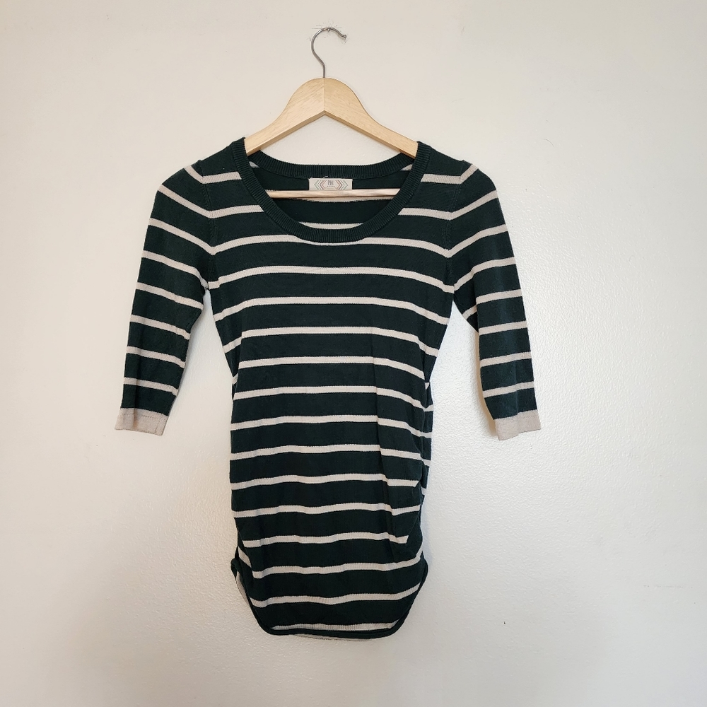 ✨2 for $5✨ Pink Rose Green Striped Cinched Waist 3/4 Length Sleeve Top Size XS